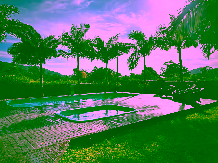 Piscina adulta e infantil com deck de madeira e palmeiras